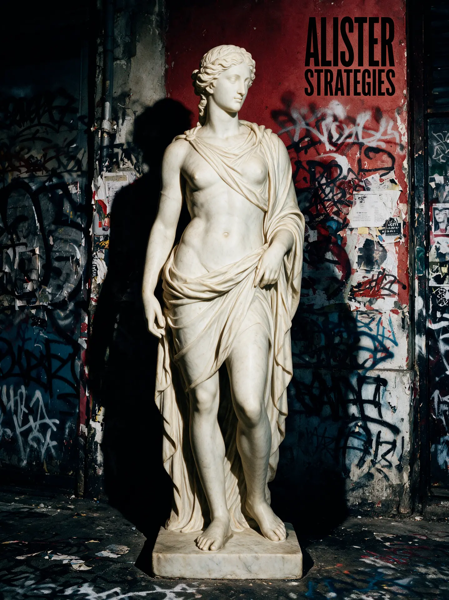 Classical marble statue lit against a graffiti wall